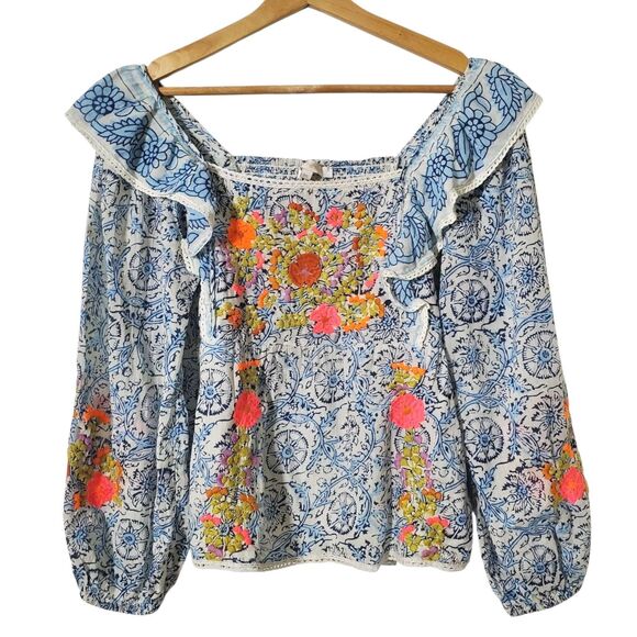 Love The Label Floral Boho Top XS Embroidered Ruffle Smocked Balloon Sleeve - Picture 1 of 10
